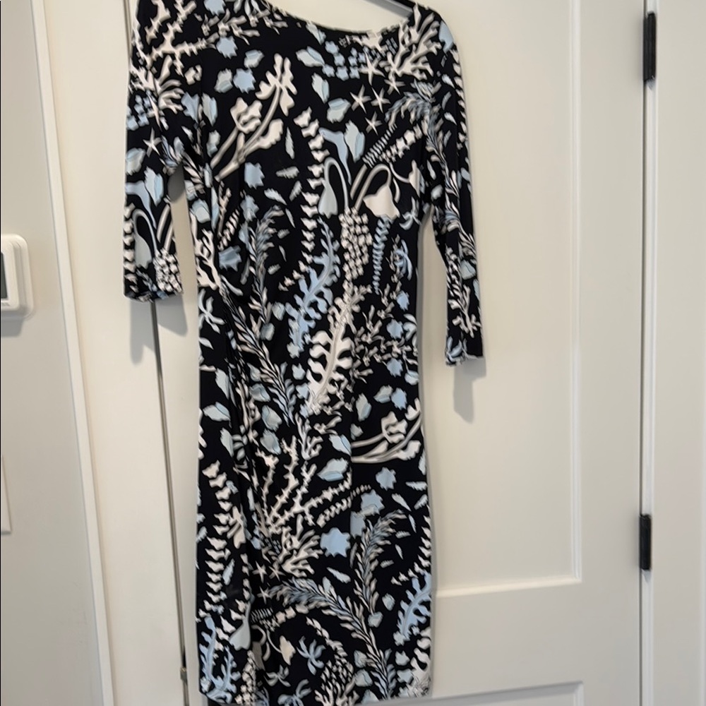 J. McLaughlin Black and White Sheath Dress with 3/4 Sleeves and Bateau Neckline